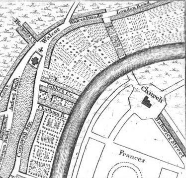 Location of the orignal church from The New Bath Guide, 1802.png