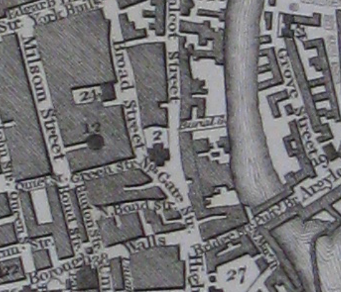 The location of the first St Michael's Burial Ground from Barrett's Map of 1818.png
