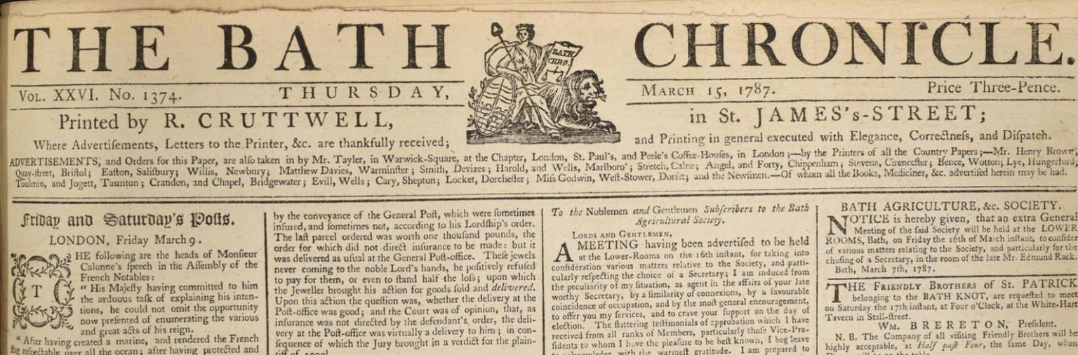 Masthead of the Bath Chronicle, 17 March 1787
