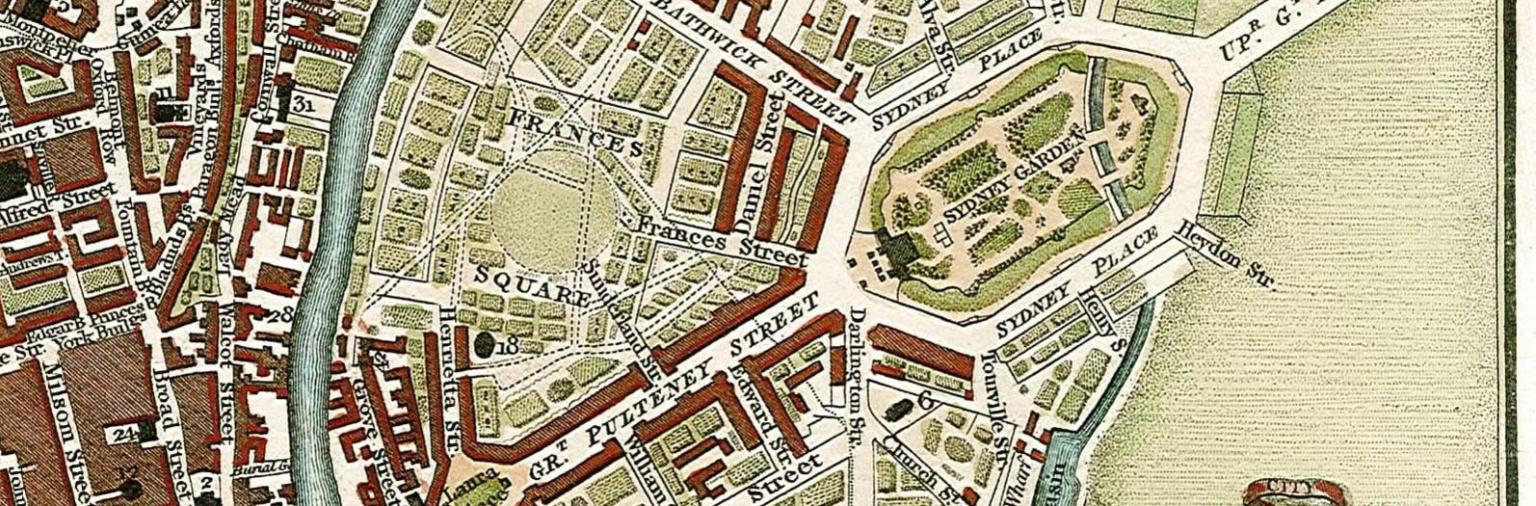 A colourful old map of Bath, showing Frances Square in Bathwick, which was never built
