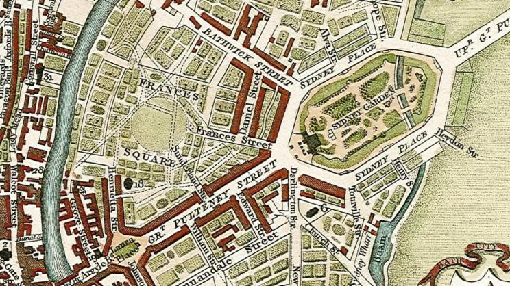 A colourful old map of Bath, showing Frances Square in Bathwick, which was never built