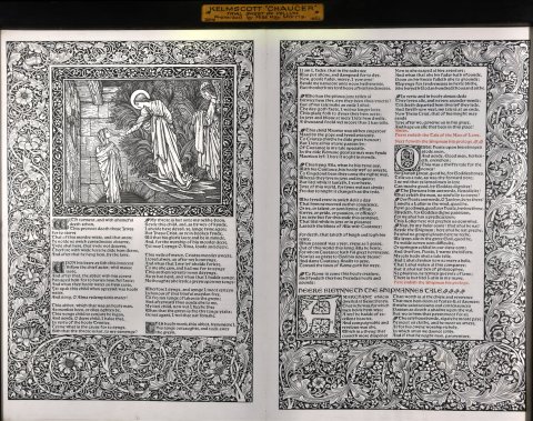 Regarded by some as the most beautiful book ever printed, only 13 copies of the Kelmscott Chaucer were ever printed on vellum. The illustrations were created by William Morris's artistic collaborator Edward Burne-Jones. This sheet was presented by William Morris's daughter, May, in 1927.