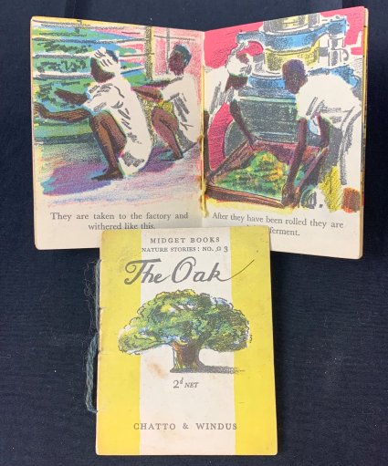 Chatto and Windus published several 'Midget Books' during WWII, often featuring educational and entertaining stories suitable for children with little to cheer them in hard times. Printing on a single section of folded paper with a simple sewn thread binding used minimal rationed products, but they have a distinctive style due to the colourful auto lithographed illustrations by illustrator Trekkie Ritchie.