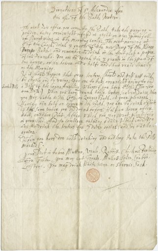 Sir Alexander Fraser, a Principal Physician to the King, visited Bath in the 1660s. After consulting on the uses of Bath's mineral waters with the local physicians Fraser's 'Direction' includes 3 quarts (6 pints) of water in an hour and a half, purgatives and the 'pill marked C'.