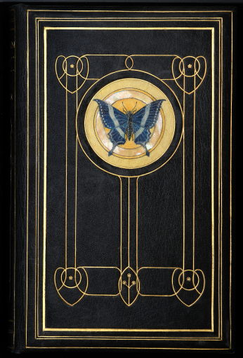 A classic Cedric Chivers binding of burnished morocco leather with a vellucent insert in the front board with a painting of a butterfly, executed by Sir Hector Duff, surrounded by a ring of mother of pearl.