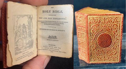 This tiny Bible may have been made for carrying with you, though it could also be a way of proving what was possible at this scale. Many miniature bibles only include part of the text, but this is a complete Old and New Testament. The publisher specialised in miniature books and also created a library of miniature titles. 