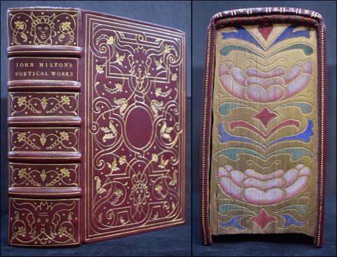 Alvah Cook usually left the fore-edges of his books plain, gilded or marbelled. This is the only example where he has gilded, gauffered and painted the pages (cut into the pages to create a 3D effect). 