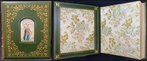 Sir Hector Duff, former Colonial Secretary of Nyasaland [Malawi] was keen on heraldry and fine bindings. Here, he has combined his passions with a Bayntun (Riviere) binding and a memento mori doublure of one of his mother's dresses. 