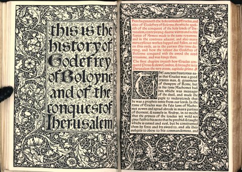 This book epitomises the  hand-made ethos of the arts and crafts movement with its woodcut borders, initials and typesetting. Reprinted from Caxton's 1481 edition, it is bound in limp vellum.