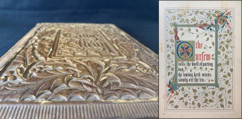 An unusual binding executed by Remnant & Edmonds in 1846. The first such use of this technique for a bookbinding, where an impression is taken of a steel die using several layers of millboard in a heavy embossing fly-press. Leather is then placed between the shaped millboard and the die in the press to create the deeply embossed covering. The process, patented by Frederick Leake & Co, was originally developed for wall hangings. 