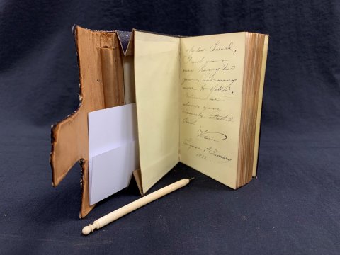 Diaries were quite often given a binding that would allow it to expand when additional material was inserted into the book. This type of wrapped binding was quite common and incorporates a small pocket at the front and a pencil in the spine. This diary was inscribed to ‘My Dear Edward’ from Queen Victoria.