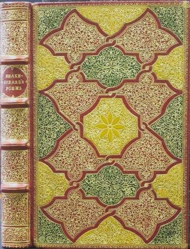 In this binding, Alvah Cook combines his love of coloured leather onlays in a classic 17th century French-style fanfare binding to good effect.