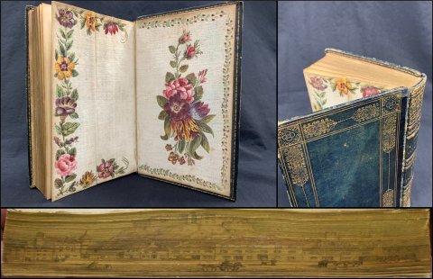 The outside of the boards of this book are gilded and decorated, but it is the inside that catches the attention with hand-painted floral silk velvet doublures. The fore-edge is painted with a recognisable image of Edinburgh Castle from the Grassmarket, making this copy very special.