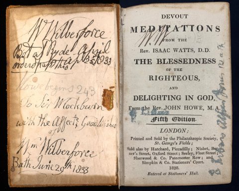 This book belonged to William Wilberforce, philanthropist and anti-slavery campaigner. He often visited Bath, and was married here, the dedication on the front board shows him in the city on 29 June 1833. 