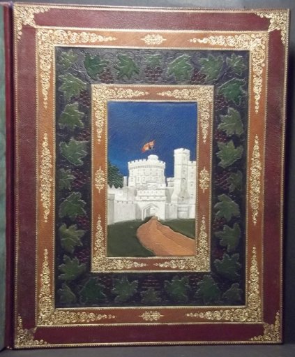 Alvah Cook experimented with various doublures through his collection, but this is the only one depicting a building. The book is a history of Windsor Castle and Cook created two different images of the castle for the front and back doublures, this is from the back cover.